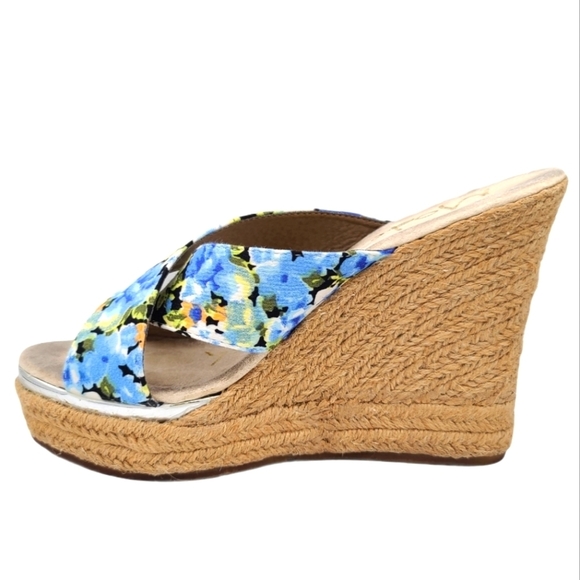 Modern Rush CHERYL BLACK Espadrilles Size 8.5M Floral Fabric Open Toe 4" Wedge - Picture 6 of 8